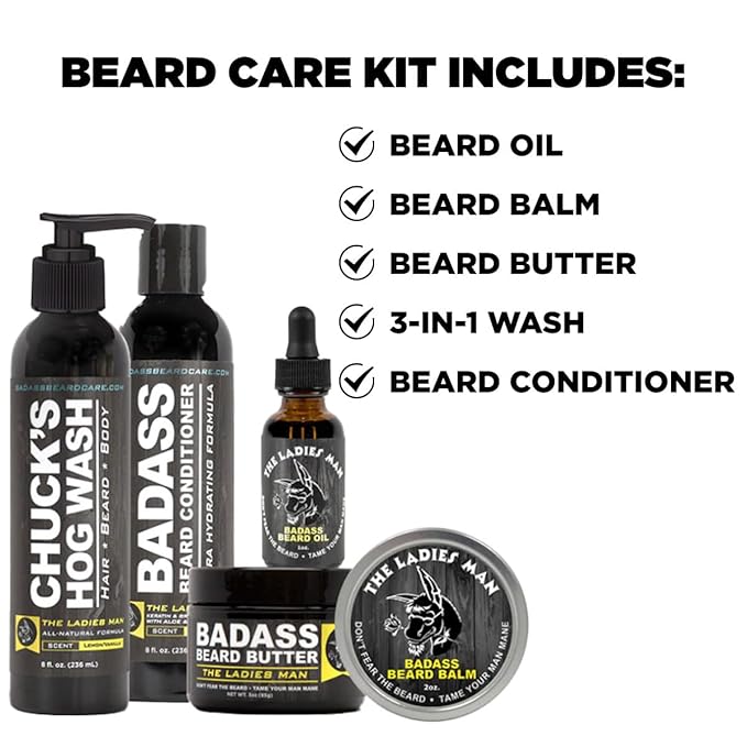 Badass Beard Care Complete Beard Care Kit - 5 Full Size Essentials - Includes Beard Oil Beard Balm Beard Butter Wash and Conditioner - Promotes Fuller &amp Thicker Beard Growth (The Ladies Man)