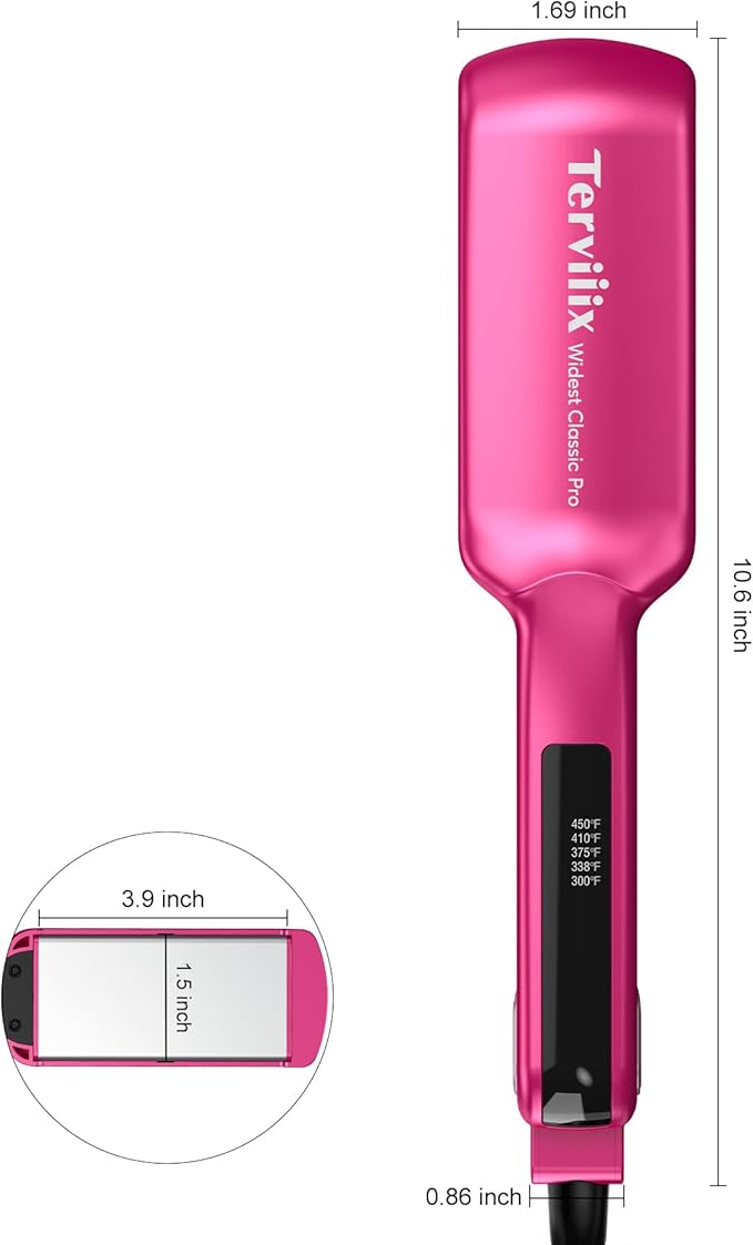 Terviiix Ceramic Hair Straightener 1-1/2 Inch Wide Flat Iron for Hair Professional Straightening Irons with Adjustable Temp 30s Instant Heating Get Silky Smooth Hair Dual Voltage Auto Off Pink