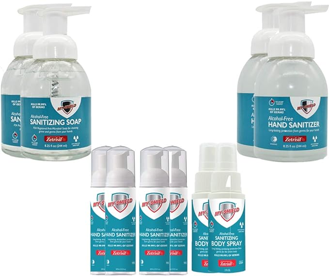 Combo: 2x 8.25oz 2x 1.7oz Hand Sanitizer Foam 2x 8.25oz Sanitizing Soap 2x 2oz Sanitizing Body Spray Alcohol-Free Long-lasting Protection. Kills 99.9%. FDA Registered