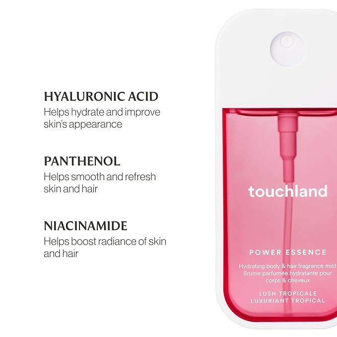 Touchland JUICY BLISS SET Power Mist Hydrating Hand Sanitizer Spray (Watermelon Berry Peach) 1 FL. OZ. + Lush Tropicale Body &amp Hair Fragrance Mist 2 FL. OZ. + Travel Size Set