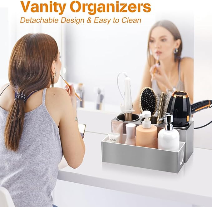 Hair Tool Organizer - Bathroom Vanity Organizers and Storage Hair Styling Accessories Hot Tools Organizer Hair Dryer Blow Dryer Curling Iron Flat Iron Hair Straightener Silver