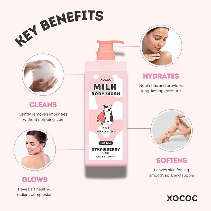 Strawberry Milk Body Wash Gentle Moisturizing Body Wash for Soft Smooth Skin Creamy Foaming Formula with Milk Protein &amp Strawberry Scent For All Skin Types 33.8 fl oz