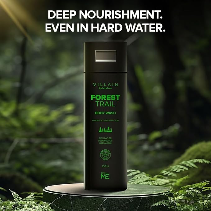 Villain Forest trail Body Wash Infused with Hard Water Softener Shower Gel for Men Hyaluronic Acid Almond Oil Vitamin E Hydrating and Moisturizing Skin Friendly Paraben Free Vegan Body Cleanser
