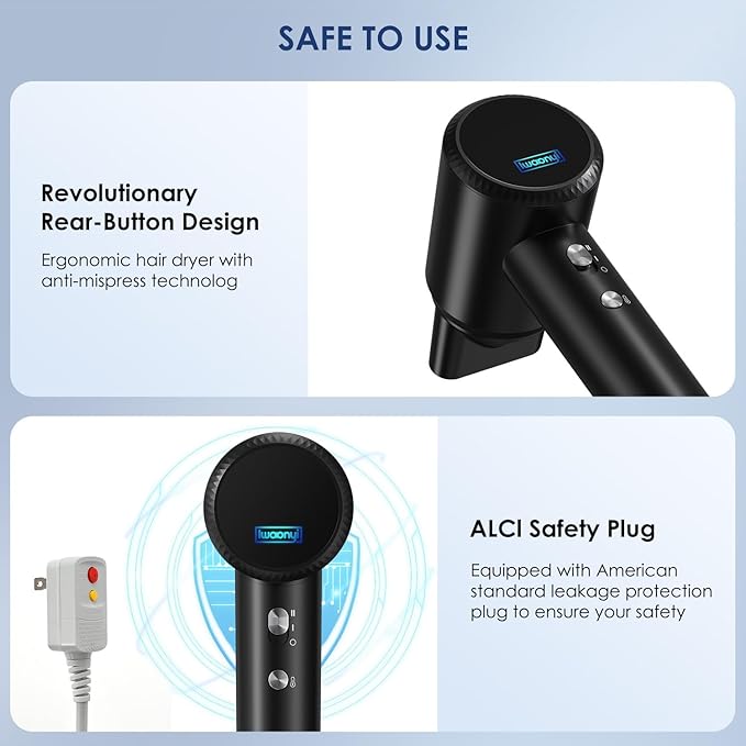 Hair Dryer - 150000 RPM High-Speed Blow Dryer with Negative Ionic Care for Fast Drying. Lightweight Low Noise Design with 4 Temps/2 Speeds and Magnetic Nozzle (Black)