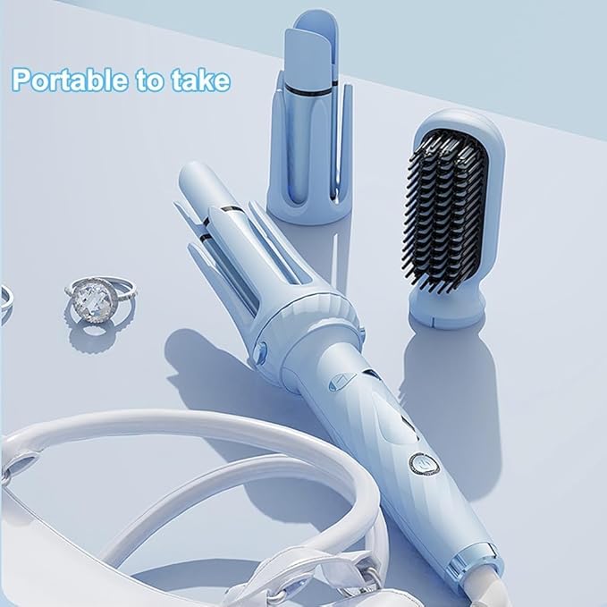 3-in-1 Automatic Curling Iron Multifunctional with 1 1.26 Interchangeable Barrel Salon Curls Waves Hair Straightener Brush for All Hair Lengths (Blue)