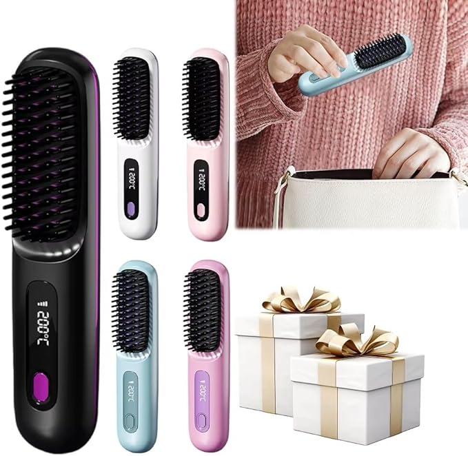 Cordless Hair Straightener Brush Portable Mini Hair Straightening Brush with 3 Temperature Settings &amp LED Display USB Rechargeable Fast Heating Hairs Brush for Travel (White)