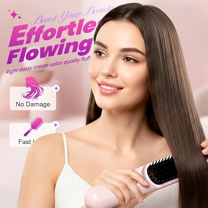 Upgraded GO Brush for Short Hair 2026 New GO Brush Portable Straightener Three-Level Temperature Adjustment Ceramic Coating Fast Heating Temperature Display Hair Styling Travel Home (Pink)
