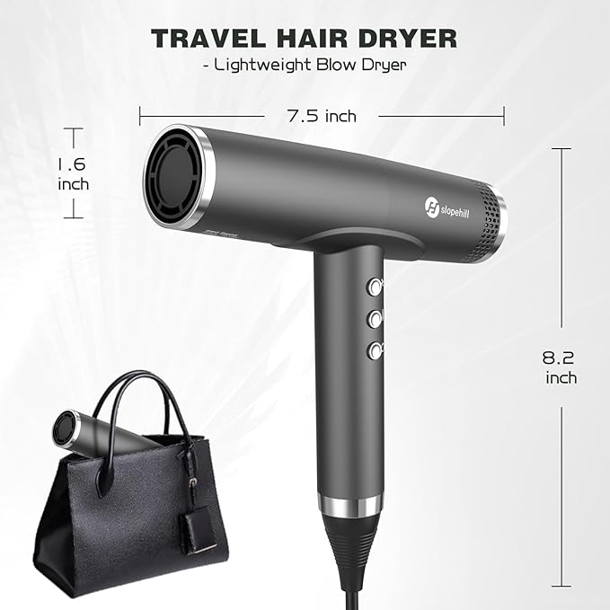 slopehill Professional Ionic Hair Dryer with Diffuser - Lightweight Compact Powerful &amp Fast Salon Blow Dryer with High Speed Brushless Motor for Travel Women &amp Men (Ceramic Dark)