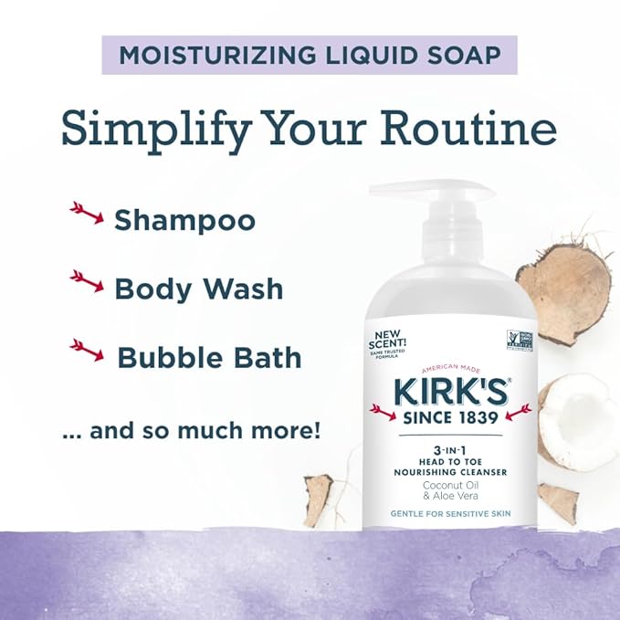 Kirk's 3-in-1 Head to Toe Nourishing Liquid Cleanser- for Men Women &amp Children - Premium Coconut Oil &amp Aloe Vera- Non GMO &amp Vegan - Lavender and Vanilla - 32 Fl Oz. - 2 Pack