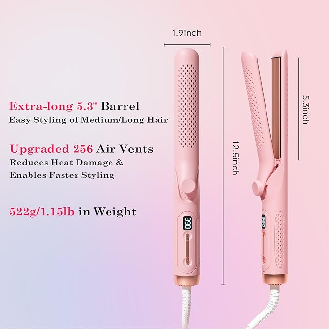 Hahahope Hair Straightener Curler 2-in-1: 1.25 Flat Iron for Women - Curling Wand 360° Airflow Cooling Vents Titanium Ionic for Less Frizz - 5 Temps &amp Auto Off Dual Voltage (Pink)