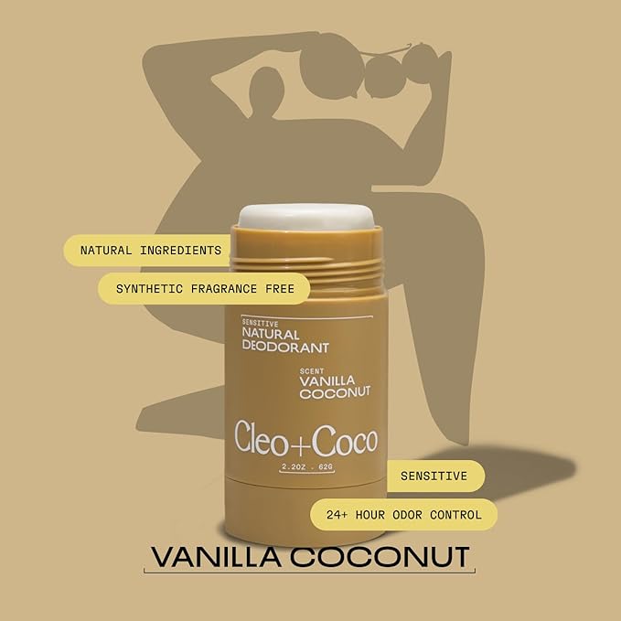 Cleo+Coco Sensitive Deodorant Balm Vanilla Coconut (2-Pack 2.2 oz Each) Aluminum-Free Baking Soda Free Natural Deodorant with 5X Odor Fighters Vegan No Synthetic Fragrance