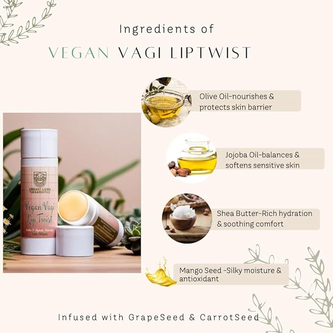 Vegan VagiLipTwist Menopause Balm by VLT| Hormone-Free Beeswax-Free External Vaginal Moisturizer for Menopause Dryness| Plant-Based Intimate Balm| Eco-Friendly Paper Push-Up Tube|