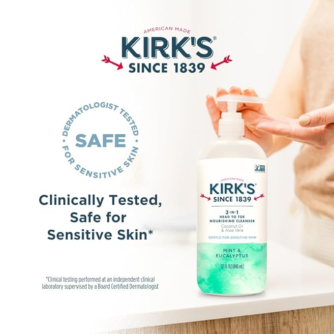 Kirk's 3-in-1 Head to Toe Nourishing Liquid Cleanser - for Men Women &amp Children - Premium Coconut Oil &amp Aloe Vera - Non GMO &amp Vegan - Mint and Eucalyptus - 32 Fl Oz. 2 pack