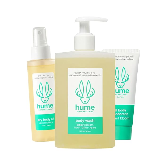 Hume Supernatural Desert Bloom Body Care Set – 3-Piece Gift Bundle with Aluminum-Free Whole Body Balm Dry Body Oil &amp Body Wash – Plant-Based Sensitive Skin Friendly