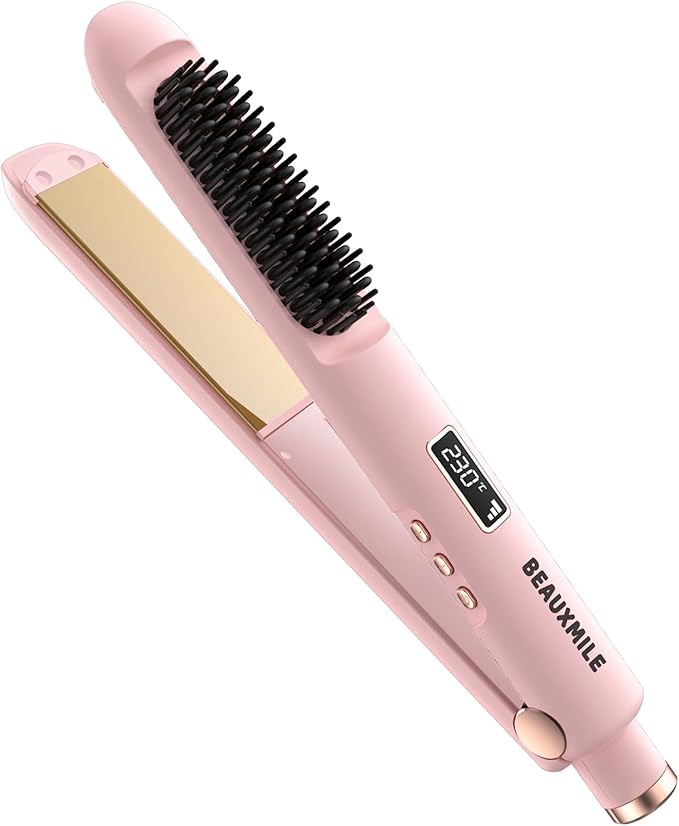 1” Flat Iron with Straightening Comb 2-in-1 Hair Straightener Brush for Styling and Frizz Control 30+ Temps Negative Ions Hair Care Dual Voltage for All Hair Types Pink