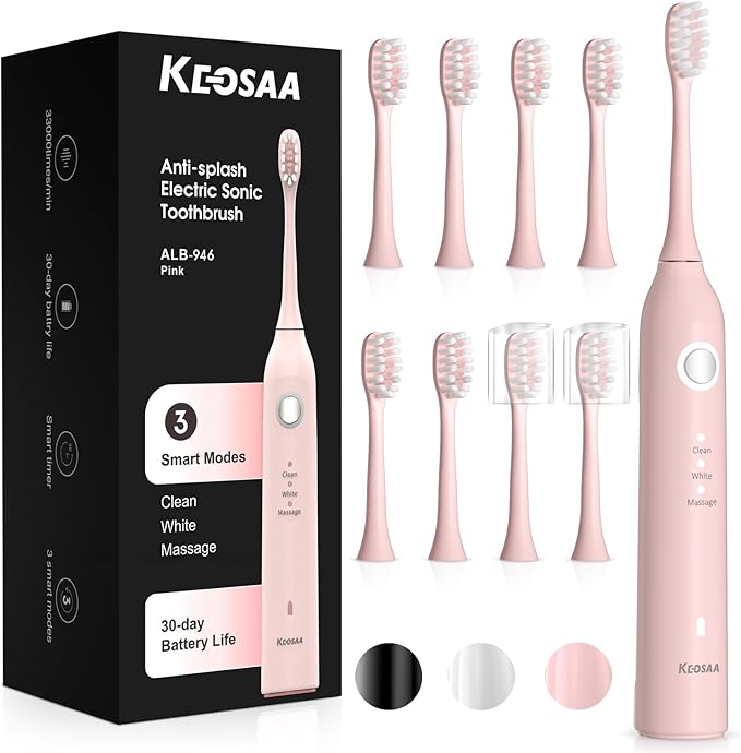 Sonic Vibrating Toothbrush with Pressure Sensor Pink Electric Toothbrush with 8 Brush Heads 3 Modes 33000VPM 2-Min Timer One Charge Lasts for 30 Days 3D Rounded Soft Bristles IPX7 Waterproof
