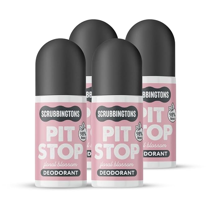 Scrubbingtons Pit Stop 98% Natural Deodorant For Women Roll on For Sensitive Skin Made in UK. Paediatrician approved Aluminium &amp Alcohol Free Vegan &amp Cruelty Free Floral Blossom 75ml x 4