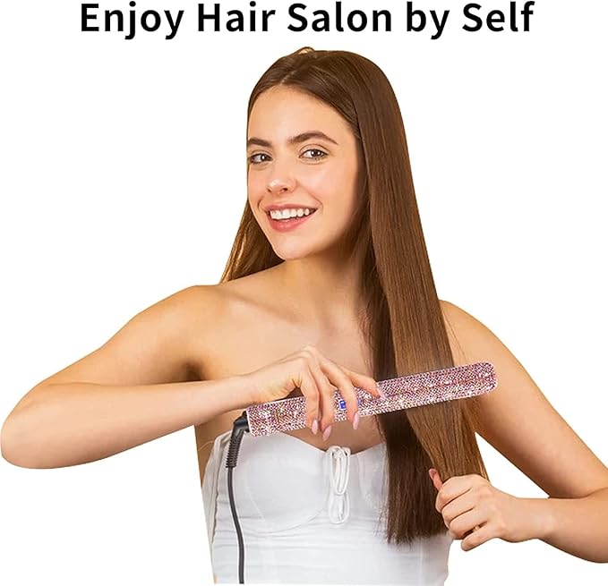 Hair Straightener Titanium Flat Iron with Gorgeous Rhinestone Bling Crystal Diamond 2 in 1 Hair Straightener and Curler 60 Min Auto Shut Off LCD Temp Display Range from 120°F to 470°F(Rose Pink)