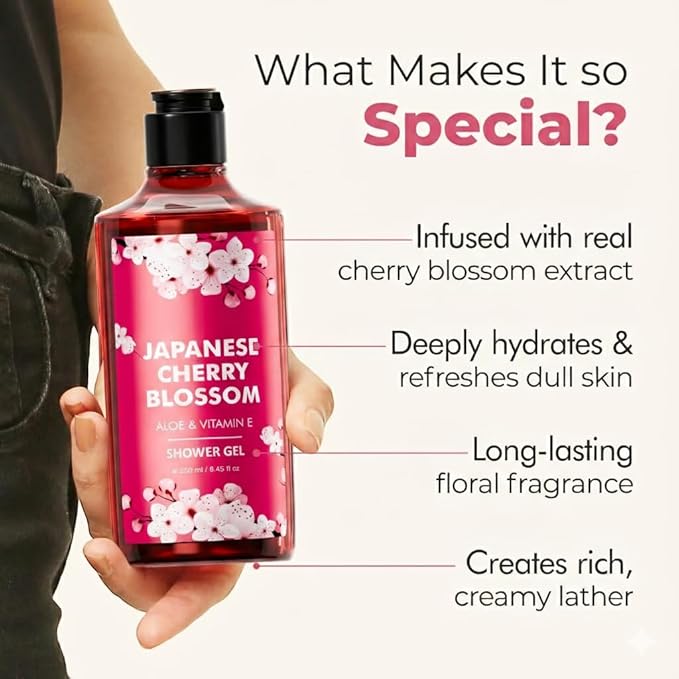 Japanese Cherry Blossom Shower Gel with Aloe &amp Vitamin E 250ml Floral Fragrance Hydrating Body Wash