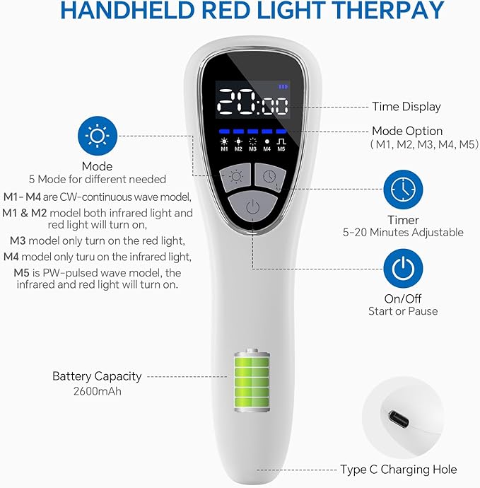 Red Light Therapy Device for Body Pain ReIief with Stand 6x808nm+12x650nm Handheld Near Infrared Light Therapy with PW Pulsed Wave Model for Human Body Joint Back Knee Muscle