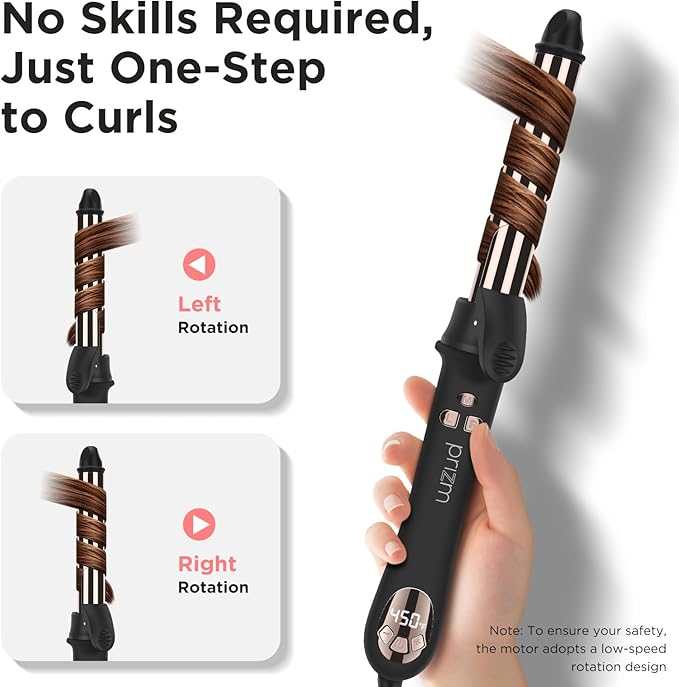 Prizm Rotating Curling Iron 1inch/25mm Automatic Hair Curler for Long Hair Self Spinning Barrel 250-450°F with LCD Display Auto-Shut Off &amp Dual Voltage Black