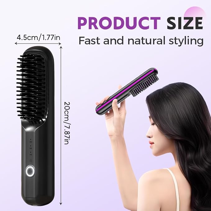 Wireless Ceramic Heating Hair Straightening Comb Portable Hair Straightening Brush Rechargeable Straightener Comb Fast Heating Straightener Brush for Travel Home (A_Beige)
