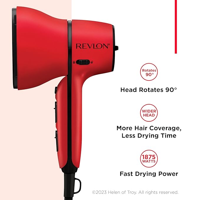REVLON Airflow Control Hair Dryer with Diffuser - 1875W Blow Dryer Head Rotates 90° for Total Control Wider Head for Less Drying Time Reduces Frizz (Red) (Pack of 2)