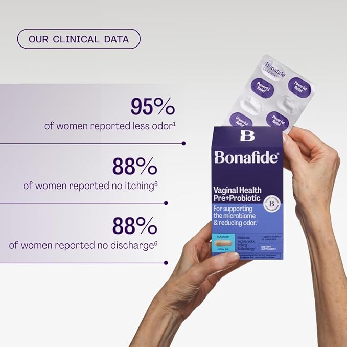 Bonafide Vaginal Health Pre + Probiotic (Clairvee). Relief from Odor Itching &amp Discharge. — 2-Month Supply (30 Capsules)