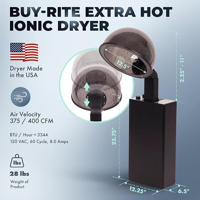 Buy-Rite X-Tra Hot 980 Watt Ionic Conditioning Salon Hair Dryer - Extra Large Hood 4 Heat Settings Adjustable Arm &amp Timer – Professional Bonnet Dryer for Salons &amp Spas - UL/CSA Approved – Bl
