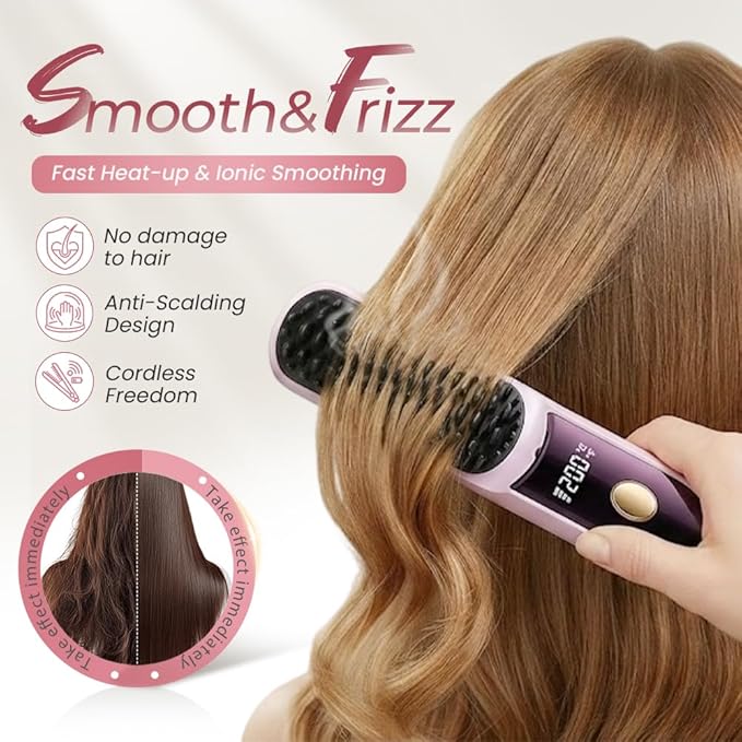 GO Brush 2026 Upgraded Cordless Hair Straightener Brush with LCD Temperature Display Portable Fast Heating USB Rechargeable 30+ Mins Runtime for Travel Fine to Coarse Hair (White)