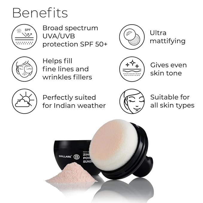 Brillare Zinc Powder Sunscreen SPF50 - Broad Spectrum Protection Sweat Resistant Powder Invisible Finish Non-Greasy Formula - Skin-friendly Mineral Sunscreen for Daily Use