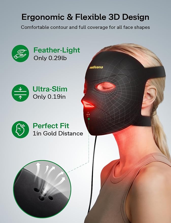 Medisana 3D Red Light Therapy Mask for Face 336 LEDs Light Therapy Mask with 3 Modes - NIR 830nm Red 630nm Blue 415nm - Cordless &amp Rechargeable LED Face Mask for Home Skincare Gifts for Women
