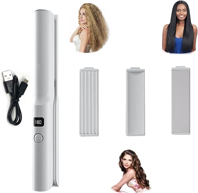 3 in 1 Curling Iron Hair Straightener Corn Clip USB Interface Portable Hairdressing Tools Necessary for Travel Dating Work and Makeup (White)