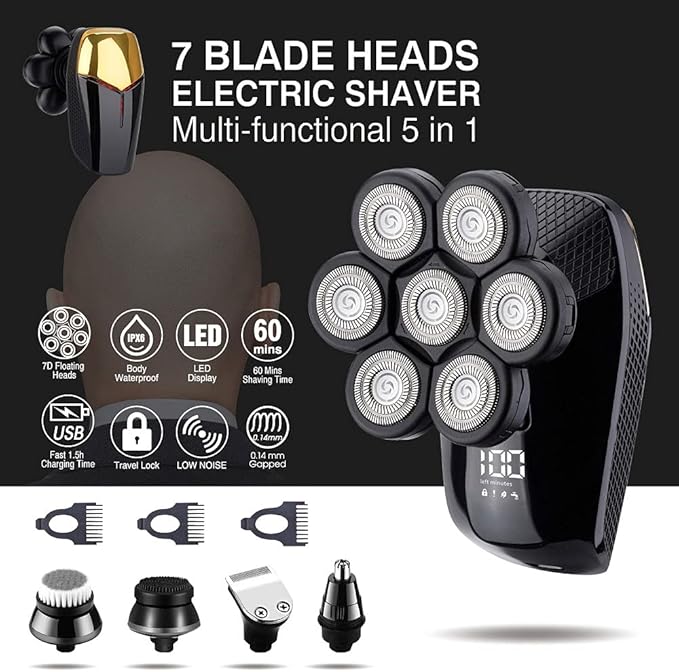 7 Cutter Head Electric Shaver 7D Razor for Men Head Shavers for Bald Shaver Multifunctional Grooming Kit Waterproof Cordless