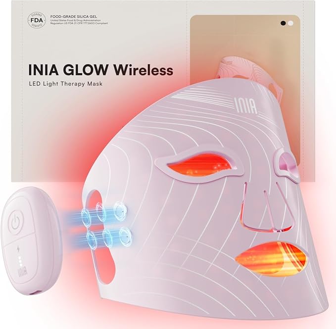 INIA Red Light Therapy Mask for Face Glow Wireless LED Face Mask Light Therapy with Near-Infrared Red Light (NIR) Rechargeable and Ergonomic Design for Home &amp Travel