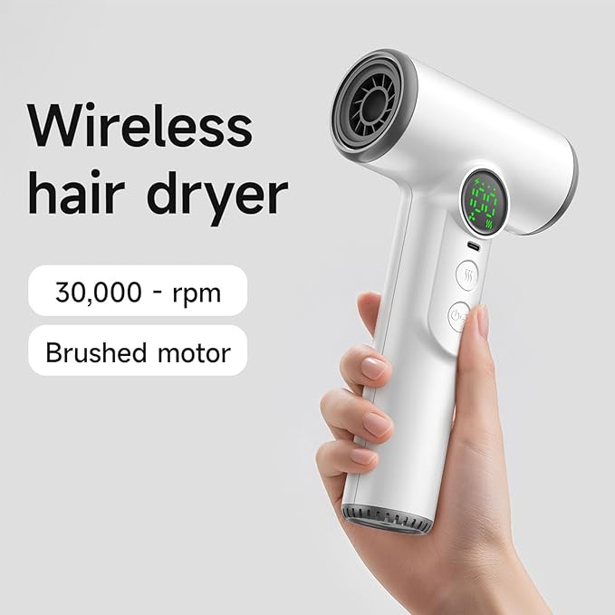fosa Cordless Hair Dryer Rechargeable Battery Operated Blow Dryer 100 Heat &amp Speed Settings 30000 RPM with Digital Screen &amp Memory Function for Travel Students Dormitory (White)