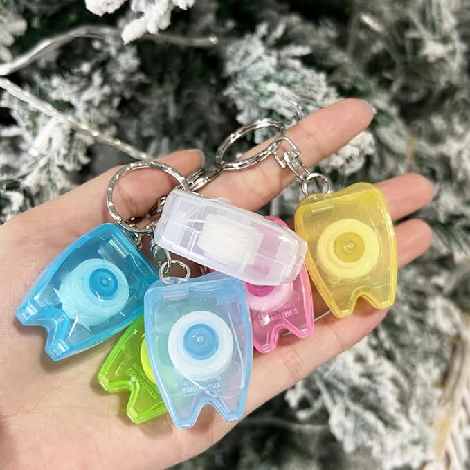 100PCS Custom Personalized Logo Dental Floss Keychain Mini Box Portable Tooth Shaped Customizable with Any Image Logo and Text for Gift Business Logo 15M Length-Random Color