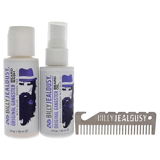 Billy Jealousy Original Gangster Beard Kit with Trave Size Beard Wash Oil and Titanium Keychain Comb to Cleanse Stengthen &amp Soften Facial Hair Oud Wood Scent