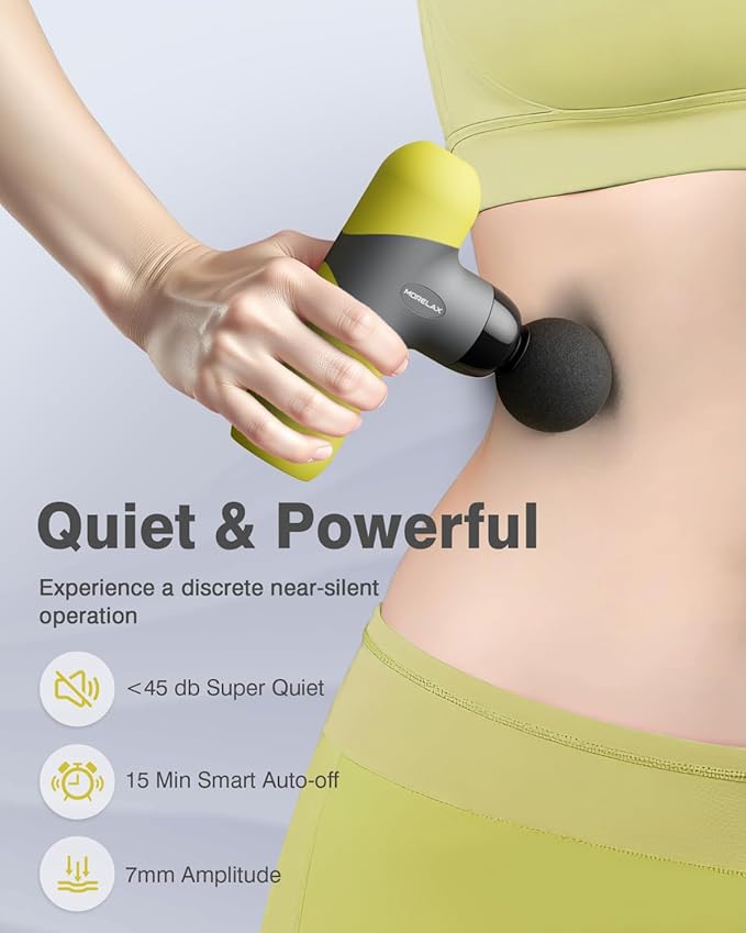 Morelax Mini Massage Gun Portable Deep Tissue Muscle Percussion Massager Electric Handheld Sport Massager with 6 Massage Heads 4 Speed Best Gift (Yellow)