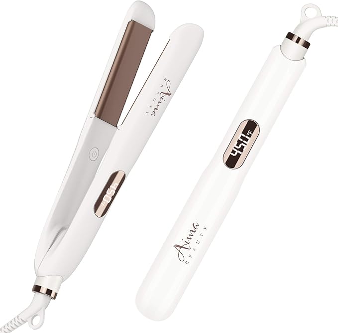 1¼ Inch Titanium Nano Flat Iron Aima Beauty 2 in 1 Hair Straightener with 3D Floating Ceramic Coating Plates for Healthy Styling &amp Thin Hair LCD Temp Display Dual Voltage White