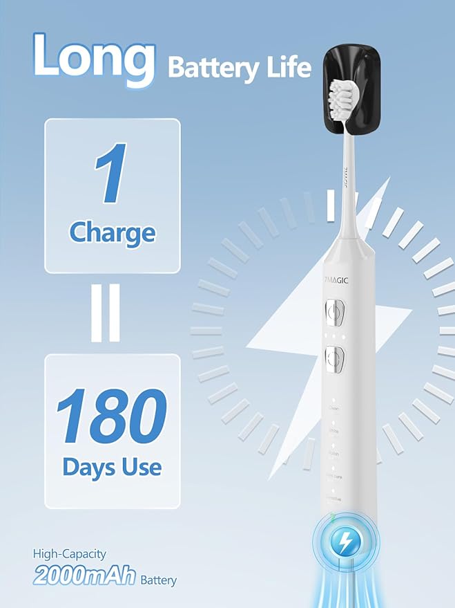 7MAGIC Sonic Electric Toothbrush for Adults and Kids - Up to 180 Days Runtime 42000 VPM Powered Toothbrush 5 Modes &amp 3 Intensities for Sensitive Teeth &amp Braces Includes 8 Brush Heads White