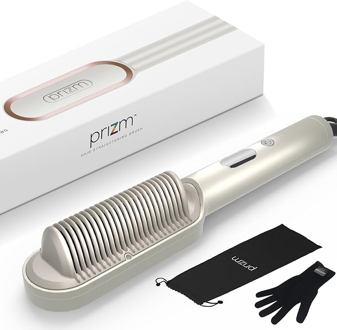 Prizm Hair Straightener Brush 20s Fast Heating Negative Ions Hair Straightening Comb with Less Frizz 4 Temp Settings &amp LED Display Anti-Scald Design for Home Salon Dual Voltage Champagne Sil