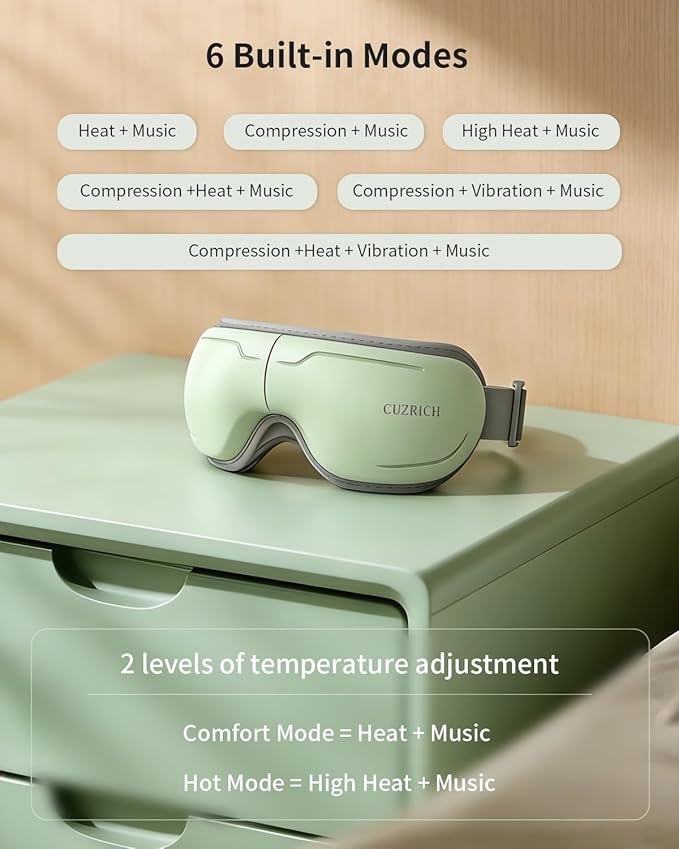 Eye Massager with Heat and Compression - Avocado Green Heated Eye Mask with Vibration Bluetooth Music 6 Modes Rechargeable 1200mAh Battery for Eye Strain Dry Eyes Migraines Relief