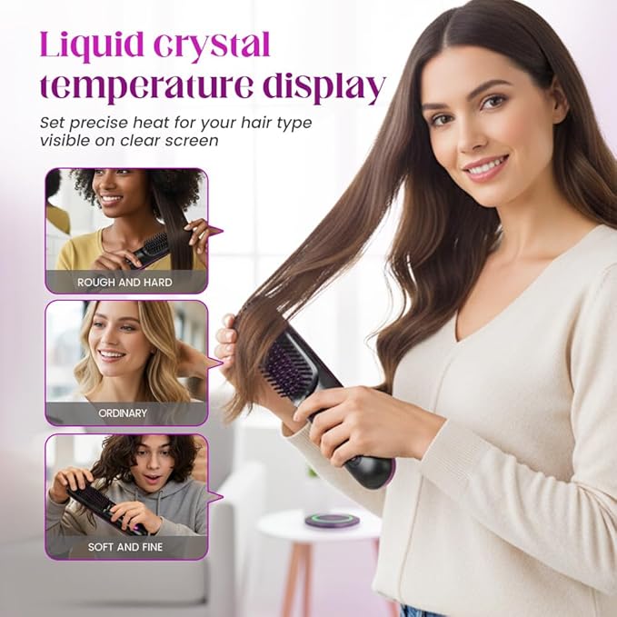 Portable Mini Hair Straightening Brush with Led Display Cordless Hair Straightener Brush Fast Heating Cordless Mini Hair Brushs for Women Short Long Hair (Blue)