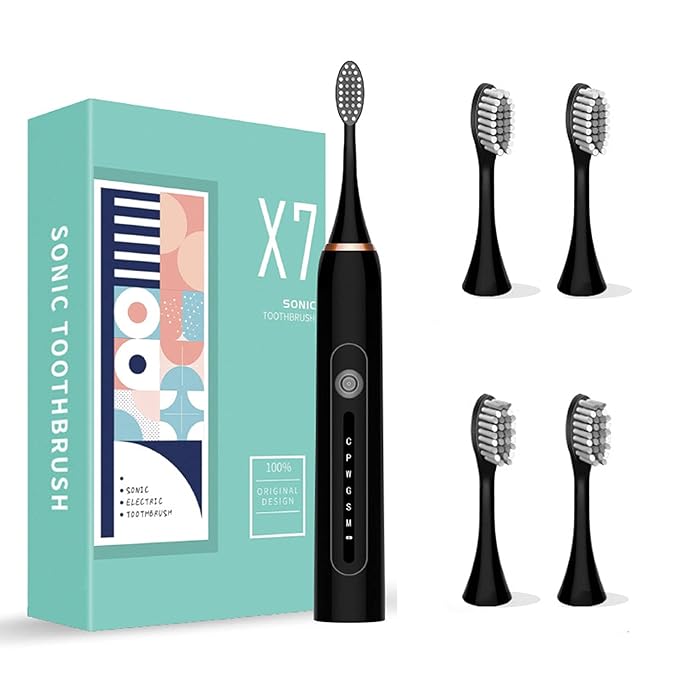 Sonic Electric Toothbrush Low Noise Designed Ideal for Adults Kids 6 Optional Modes IPX7 USB Fast Charging Electric Ultrasonic Toothbrush with 2 min Build in Timer &amp 4 Replacement Brush Heads (Bl