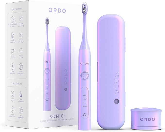 ORDO Sonic+ Electric Toothbrush with Case Sonic Toothbrushes for Adults Charging Travel Case 4 Brushing Modes Fast Rechargeable Battery Silicone Polishing USB Charger Pearl Violet