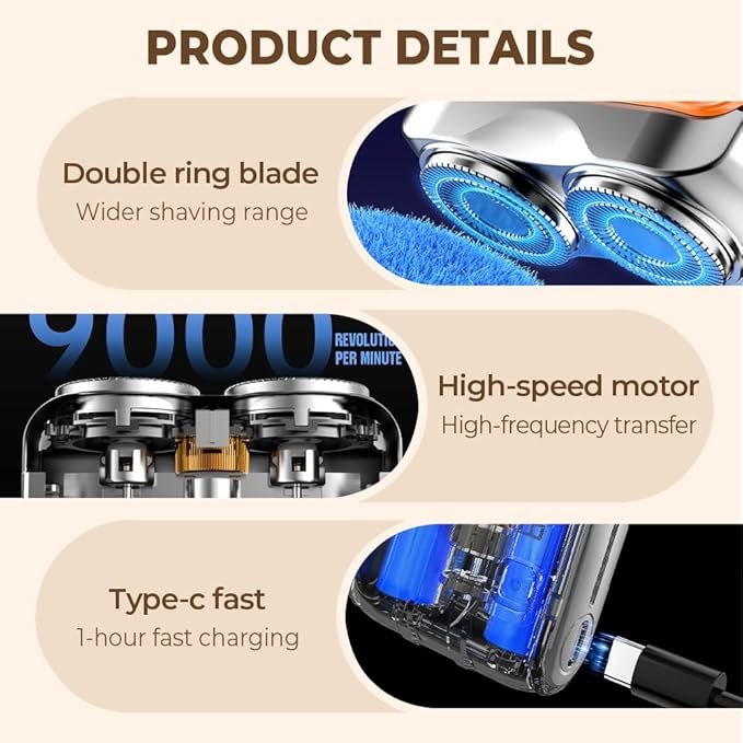 Portable Rotary Dual Ring Electric Shaver 2025 Upgrade Pocket Shaver USB Mini Shavers for Men Rechargeable Mini Dual-Head Electric Razor for Home Car Travel (A_ Orange)