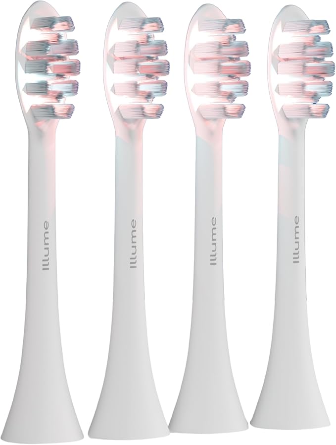BioLight Illume Sonic Toothbrush Replacement Heads 4-Pack Red &amp Blue LED Bristle Heads Medical-Grade Soft Bristles Snap-On Fit for Illume Sonic Toothbrush BPA-Free - White