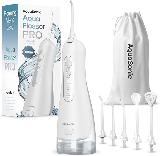 AquaSonic Aqua Flosser PRO - Rechargeable Electric Cordless Water Flosser for Teeth Gums &amp Tongue - Waterproof Modern Design 300ml Large Tank 3 Modes 6 Jet Tips Deluxe Tongue Nozzle - Optic W