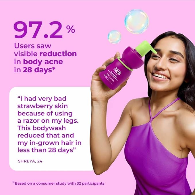 H.u.l.a Hoop Exfoliating Body Wash by F.oxtale | 2% Salicylic Acid + Zinc PCA | Reduces Body Acne Strawberry Legs &amp Tan | Exfoliates &amp Moisturizes to Reveal Smooth &amp Bump-free Skin | 250m